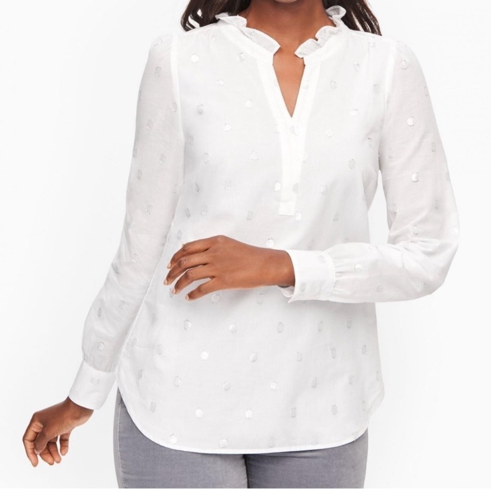 Talbots White Metallic Raised Popover Blouse Top Office Long Sleeves Ruffles XS